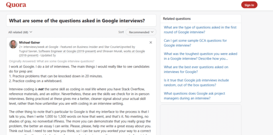 campus interview questions for Google as posted on Quora
